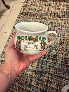Vintage Onion Soup Ceramic Soup Mug - White with Green and Brown Graphics